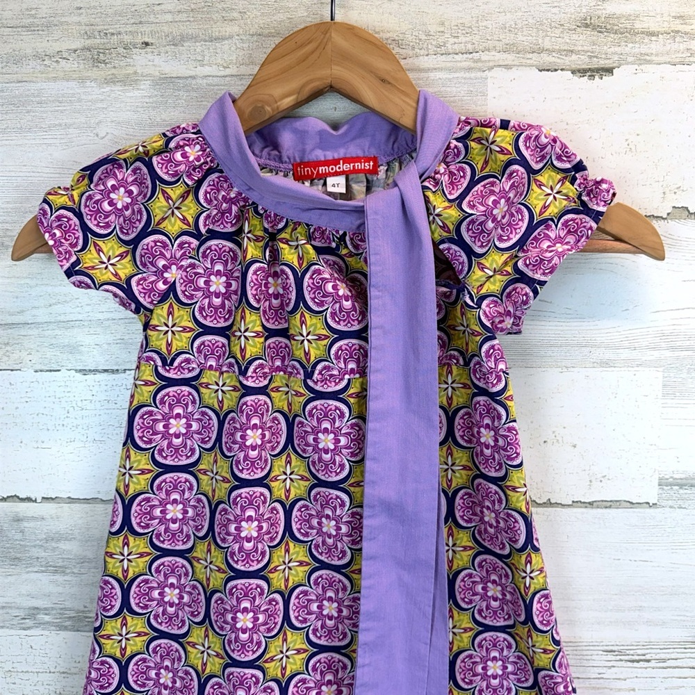 Tiny Modernist Purple Floral Bow Dress 4T Cottagecore Whimsical Boho Boutique - Picture 5 of 12